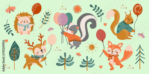 Set of cute forest animals with balloons. Vector illustration in hand drawn style. Deer  squirrel  skunk  hedgehog  fox in flat style. Children s creative illustration.