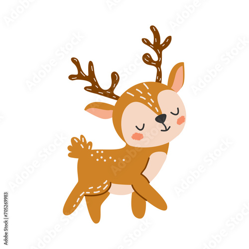 Cute cartoon reindeer vector illustration in flat style. Beautiful forest animal. For poster  greeting card and kids design. White isolated background.