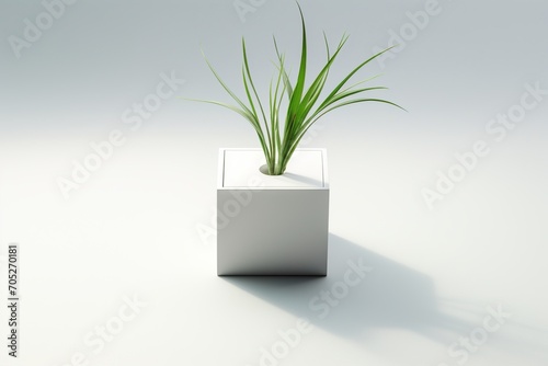 A small plant growing in a white cube © duyina1990