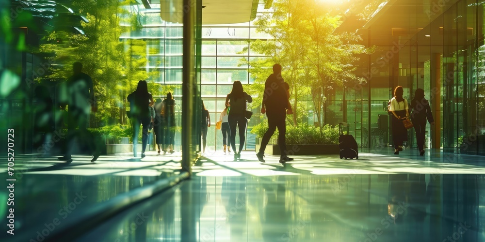 People walking in an office building with trees and sunlight - obrazy, fototapety, plakaty 