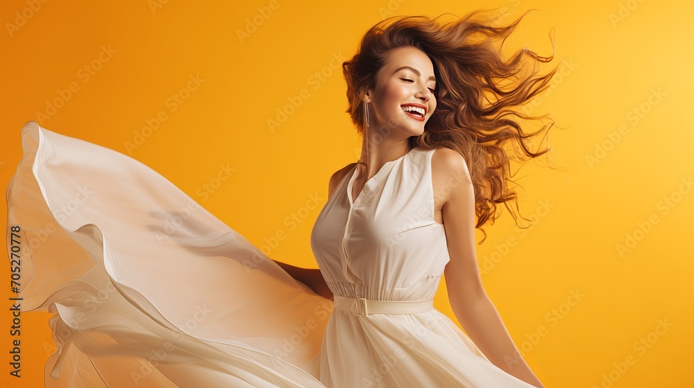 A girl who is positive and good looking, and has a great sense of humor while dancing on a yellow background. a woman wearing a long orange skirt who is jumping with genuine smiles. A girl who is positive and good looking, and has a great sense of humor while dancing on a yellow background. a woman wearing a long orange skirt who is jumping with genuine smiles.
