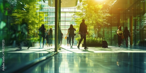 People walking in an office building with trees and sunlight