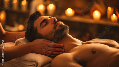 Handsome young man receiving back massage in spa salon, closeup