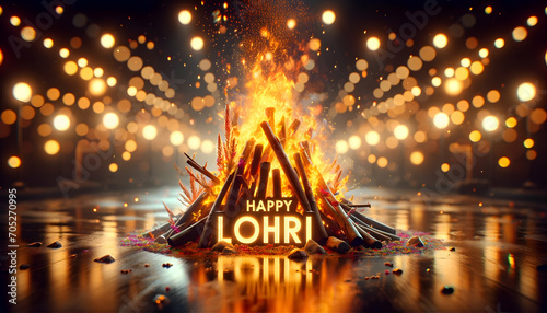 Happy lohri poster with bonfire and bokeh lights.