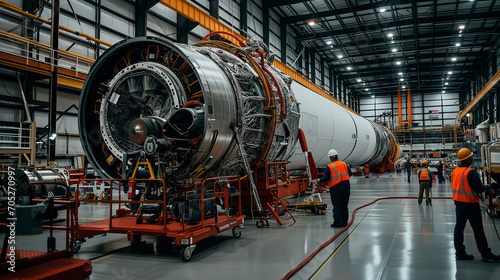 Dedicated rocket engineers meticulously assembling spacecraft in an aerospace factory photo