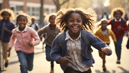 happy african american schoolchildren running through the school yard summer photo