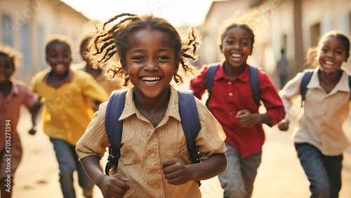 happy african american schoolchildren running through the school yard emotions