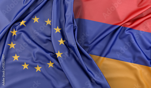 Ruffled Flags of European Union and Armenia. 3D Rendering
