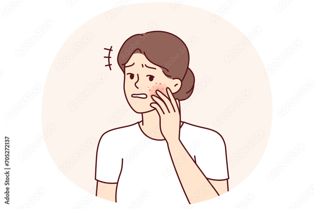 Unhappy woman gets frightened after seeing redness on face suffering from allergies. Perplexed girl with rash or pimples on skin experiencing anxiety and pain due to skin diseases. Flat vector design