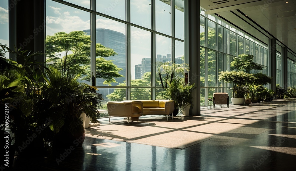 Modern Office Lobby With Large Windows And Plants