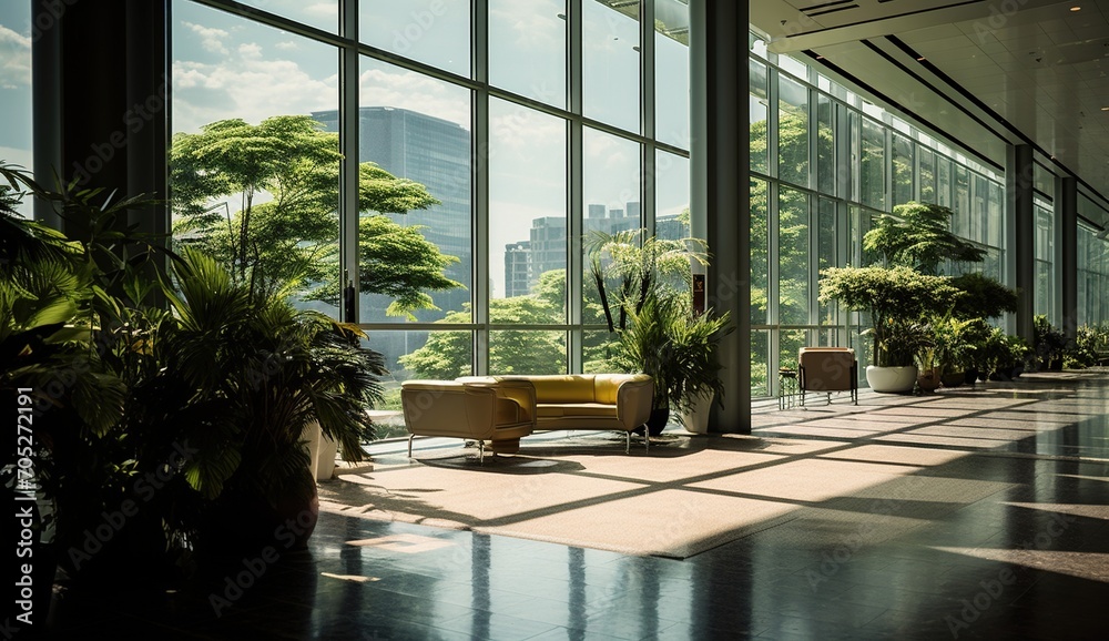 Fototapeta premium Modern Office Lobby With Large Windows And Plants