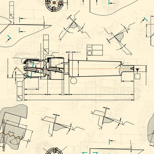 Mechanical engineering drawings on sepia background. Tap tools, borer. Technical Design. Cover. Blueprint. Seamless pattern. Vector illustration.
