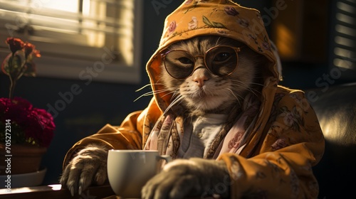 A cat wearing a floral raincoat and eyeglasses is sitting at a table and drinking from a teacup.