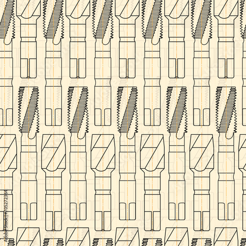 Mechanical engineering drawings on sepia background. Tap tools, borer. Technical Design. Cover. Blueprint. Seamless pattern. Vector illustration.
