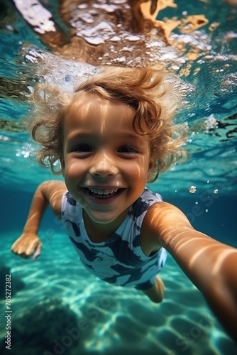 Little Boy Swimming Underwater in Clear Water