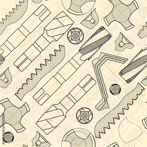 Mechanical engineering drawings on sepia background. Tap tools, borer. Technical Design. Cover. Blueprint. Seamless pattern. Vector illustration.