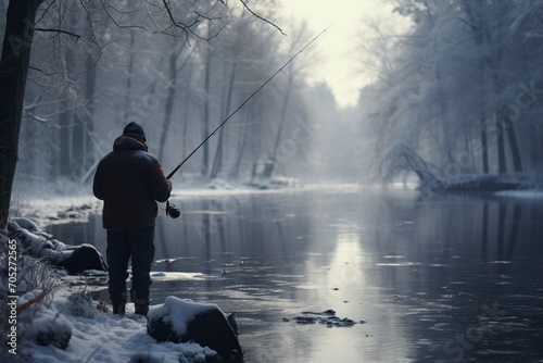 man fishing fishing in a winter forest