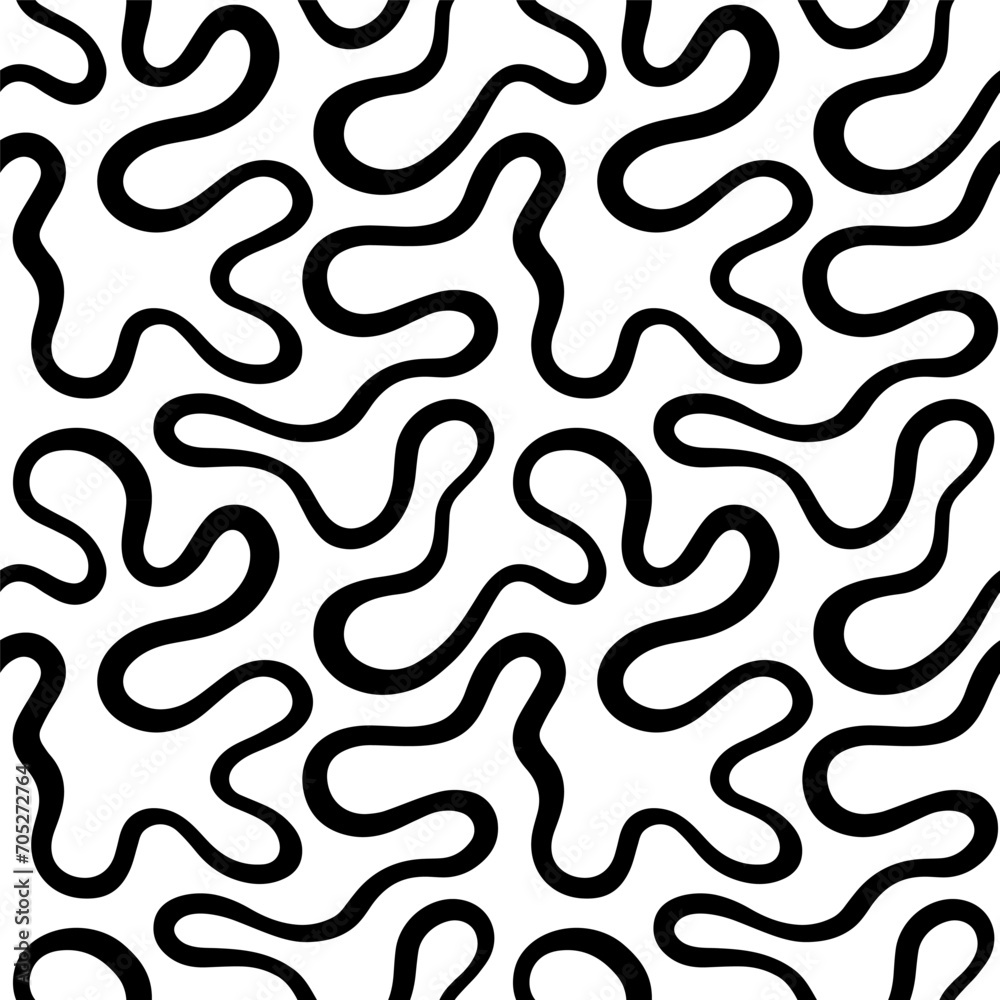 Wriggling, fluid, curved line, endless stripe seamless vector pattern. Liquid, flowing chaotic ornament, black and white trendy intricate background. Doodle, uneven hand drawn wavy, winding line.
