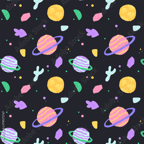 Baby cute seamless pattern with space elements on dark background. Hand drawn flat cartoon style. Vector illustration