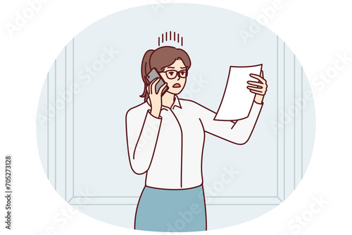 Discouraged woman with phone reading document and nervous about telling interlocutor about problems have arisen. Shocked businesswoman reading court notice or letter from partners. Flat vector image