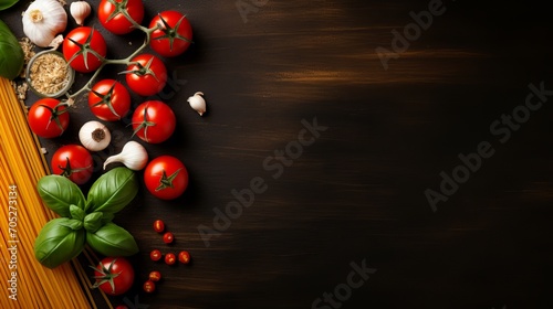 Flat lay and copy spaces are needed to cook spaghetti marinara with poached eggs using the raw ingredients.