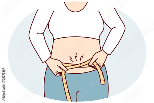 Woman wants to lose extra pounds measures waist size to track result of training. Hands girl with measuring tape to monitor progress after new diet designed to get rid excess weight. Flat vector image