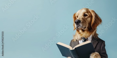 Cool looking golden retriever dog wearing suit and tie reading book isolated on light blue background with copy space - AI Generated Digital Art photo