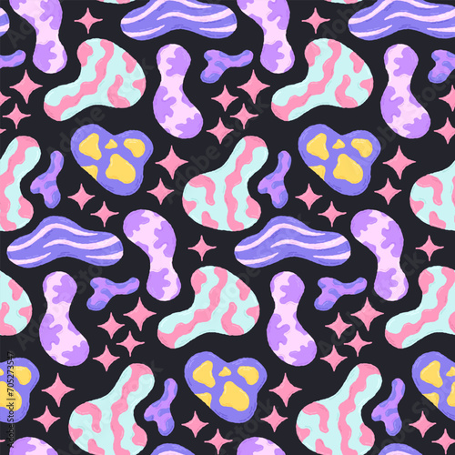 Baby cute seamless pattern with space elements on dark background. Hand drawn flat cartoon style. Vector illustration