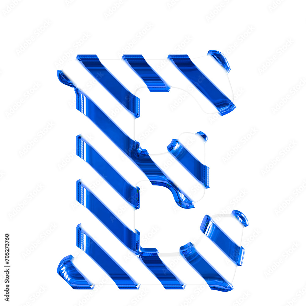 Fototapeta premium White symbol with thin blue diagonal straps. letter e
