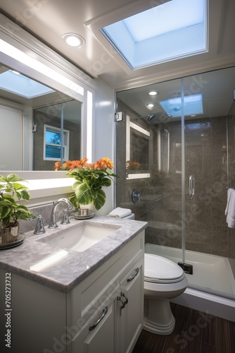 Small bathroom interior with plants and skylight