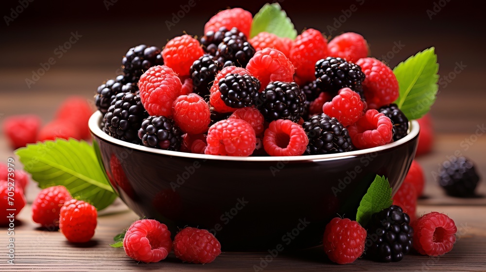 The concept of fresh harvest is embodied by the presentation of different types of berries in bowls on wooden tables that are both ripe and sweet. The concept of fresh harvest is embodied by the presentation of different types of berries in bowls on wooden tables that are both ripe and sweet.