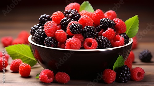 The concept of fresh harvest is embodied by the presentation of different types of berries in bowls on wooden tables that are both ripe and sweet.