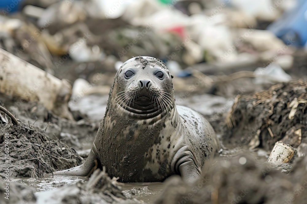 Fototapeta premium Grey Seal Resting on Pile of Dirt