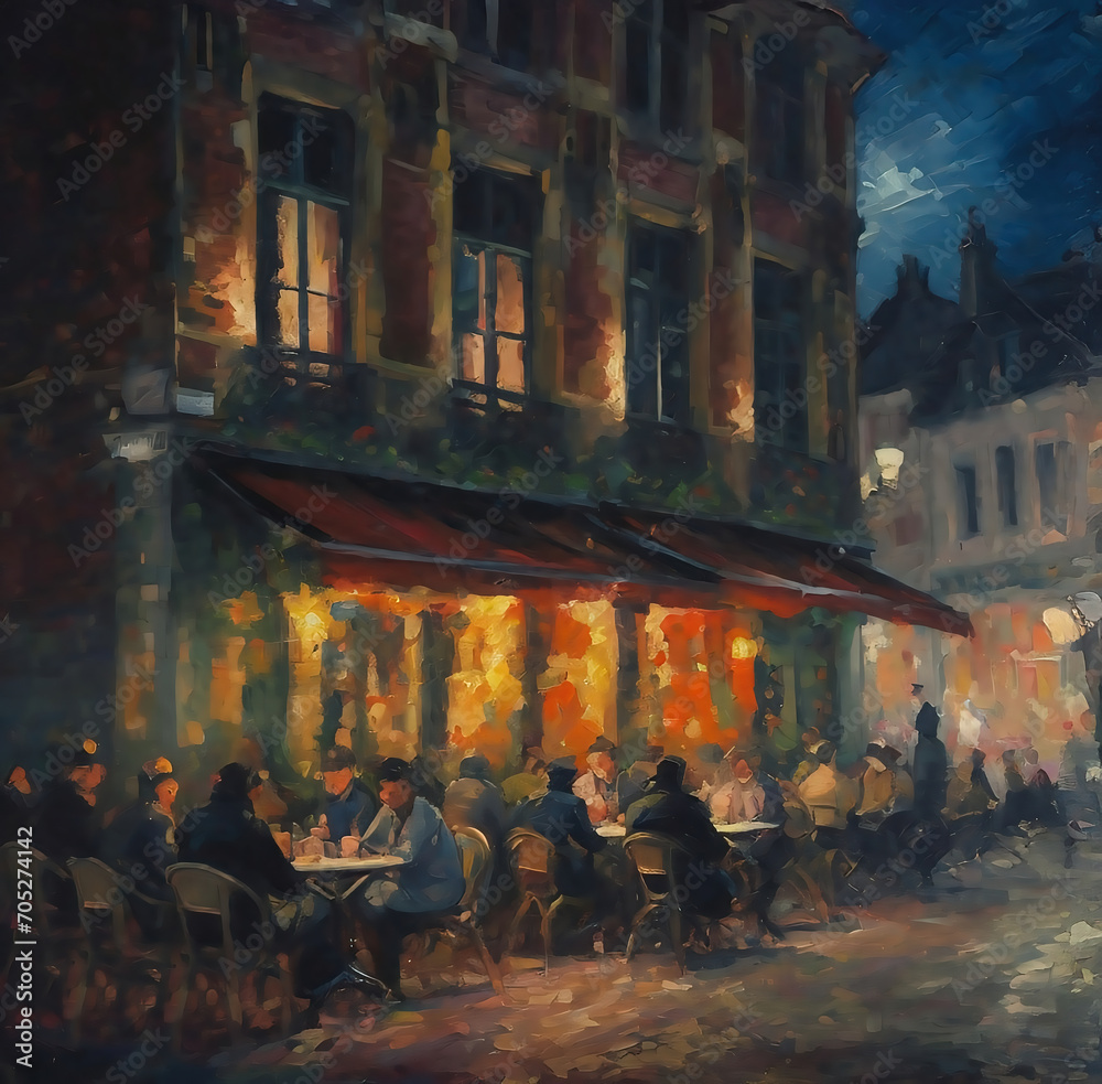 Oil painting of a street cafe in Paris, France, with people sitting at tables