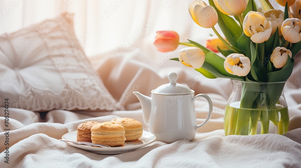 The concept revolves around presenting a still life scene featuring a cup of tea, a teapot, a bouquet of tulips, and cookies while lying in bed on a weekend or spring morning.