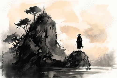 anime background with silhouette samurai © Edik