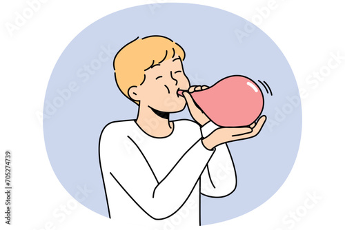 Small boy child blowing balloon. Happy kid have fun prepare for party or celebration with birthday decorations. Vector illustration.
