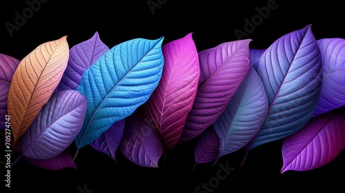 Colorful leaves spread out in large groups on black background, neon and fluorescent style, neoplasticism, like real, vibrant colorism, brilliant colors, vivid color blocks, realistic Leaf texture