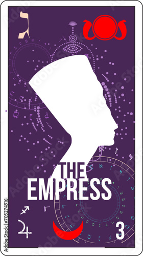 Egyptian tarot card called the empress. Nefertiti silhouette.