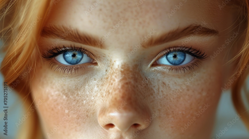 A woman with freckles and beautiful blue eyes is facing one direction, close up portrait