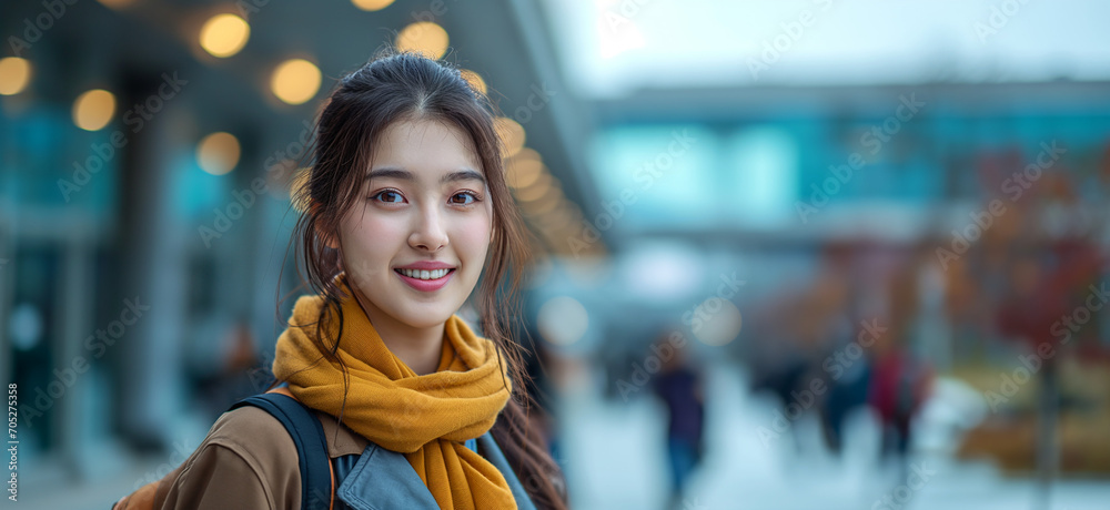 Back to school season: Young Asian woman with a warm smile in winter attire on a university campus, embodying youth and education..