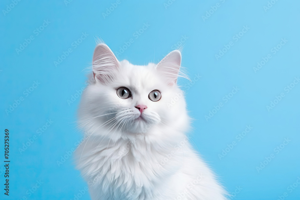 Close up of cute white british cat on a blue wide background, banner copy space Close up of cute white british cat on a blue wide background, banner copy space