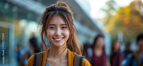 Back to school elegance, a poised young woman on campus in a yellow coat, a symbol of joyful student life and fashion.