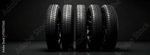 Four black tires on a black background,