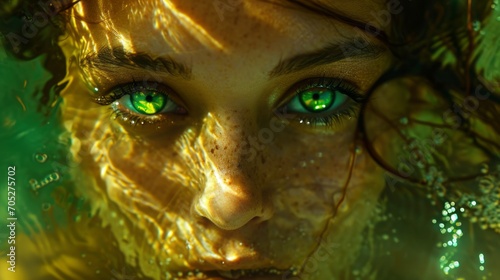 Closeup portrait of a beautiful african woman with sparkling green eyes. pistachio green, yellow ochre, incredible depth and clarity, water reflections
