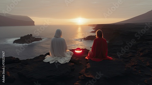 Mystic seaside meditation circle with candles and glowing orbs. Druid prayers and yoga ritual in mysterious cult sunset oceanside.