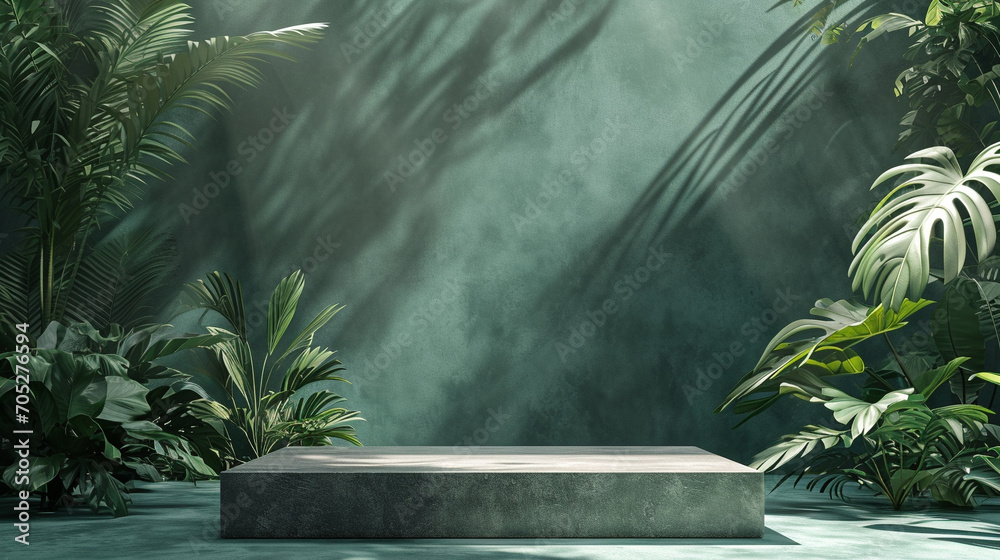 A green product background with a stone plinth and tropical leaves creates a sense of lushness and vitality. ai generated. - obrazy, fototapety, plakaty 