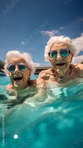 Active senior women swimming in the pool, water aerobics for seniors © serz72