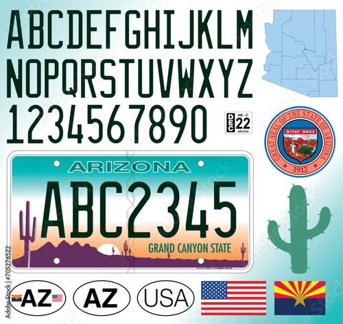 Arizona State car license plate pattern, letters, numbers and symbols, vector illustration, USA, Un ited States of America