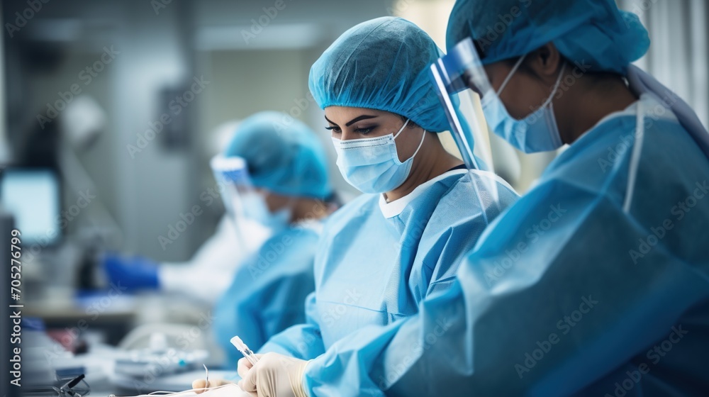 Diverse group of surgeons performing a surgical procedure in a hospital operating room Diverse group of surgeons performing a surgical procedure in a hospital operating room